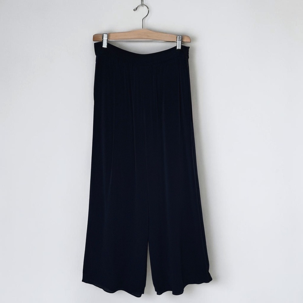 Icicle 100% Silk Crepe‎ High Rise Wide Leg Crop Pants Navy Blue size 36 / US 4